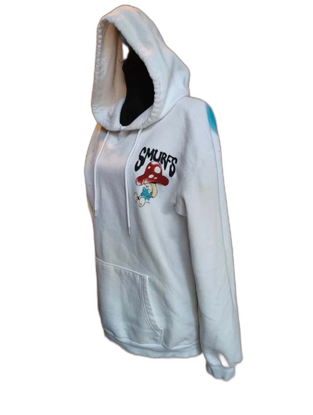 The Smurfs White Airbrush Graphic Hoodie Mushroom Pullover Sweatshirt Size Large